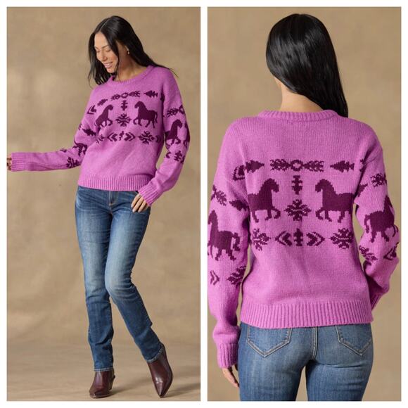 Sundance Spirited Horse Crewneck Sweater in Pink Sz Medium M - Picture 1 of 8